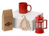 Подарочный набор с чаем, кружкой, френч-прессом и новогодней подвеской "Чаепитие", красный